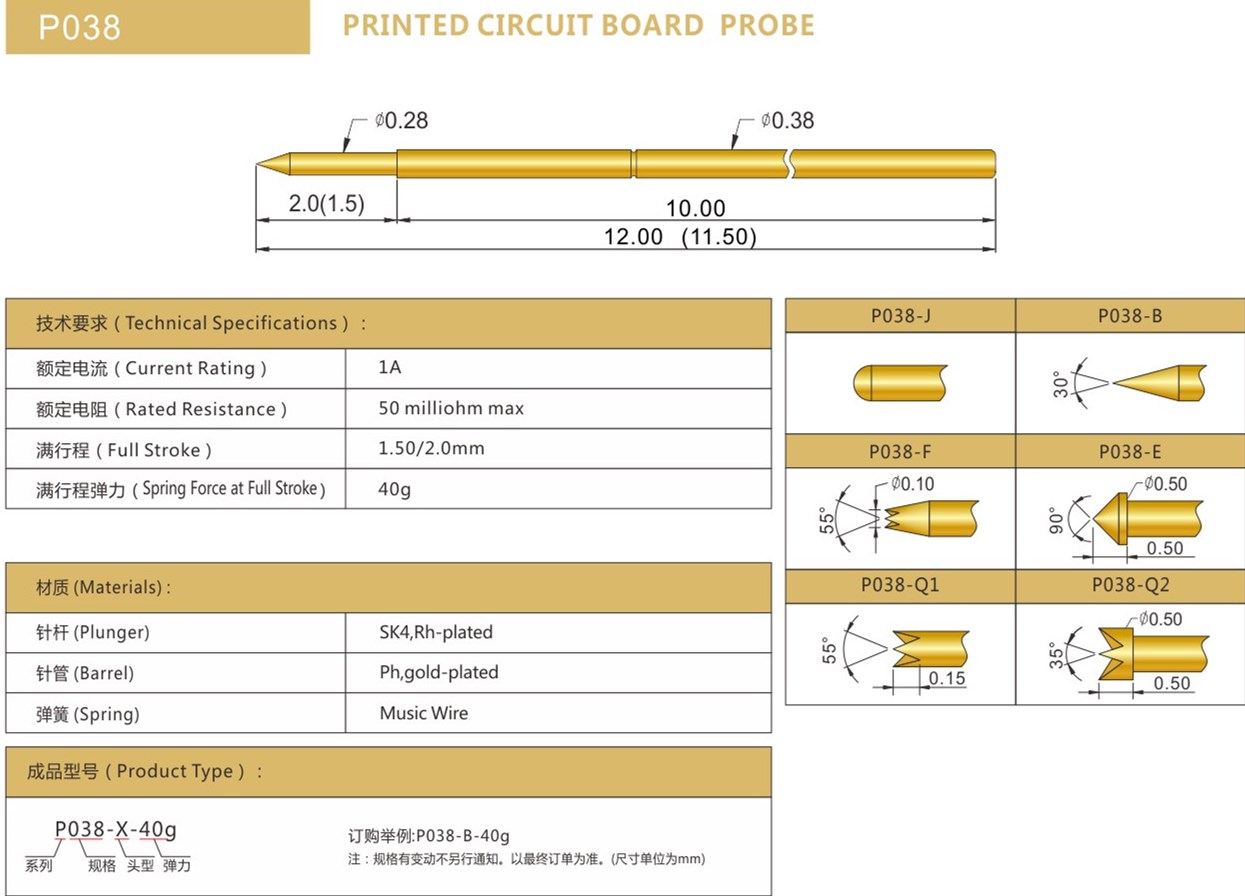 PA038測試探針總參數(shù)，華榮華探針廠家